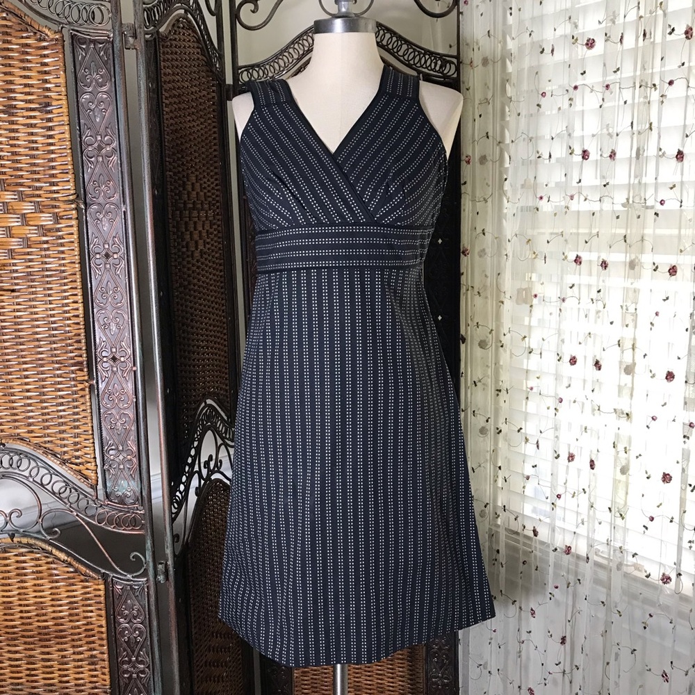 LOFT Navy and White Pinstripe V-Neck Cotton Midi Dress